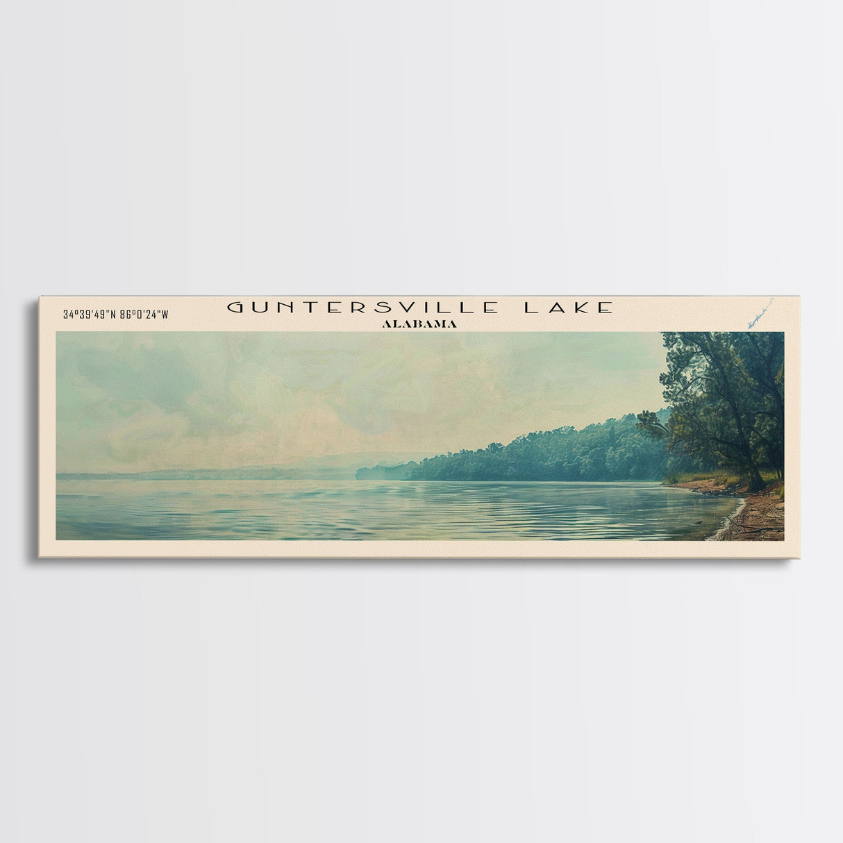 Guntersville Lake Alabama Framed Canvas Print, Panoramic Lake House Decor, Wall Art, Travel Poster, Peaceful Lake Painting, Nature Art