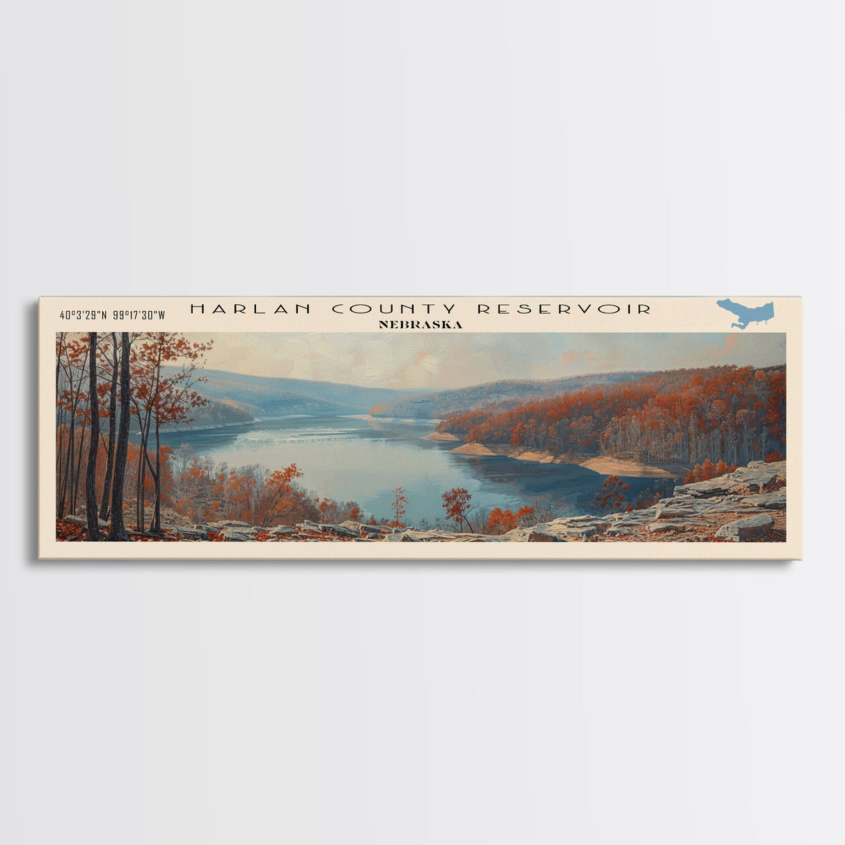 Harlan County Reservoir Nebraska Framed Canvas Print, Lake House Art, Panoramic Wall Art, Travel Poster, Scenic Lake Painting, Home Decor