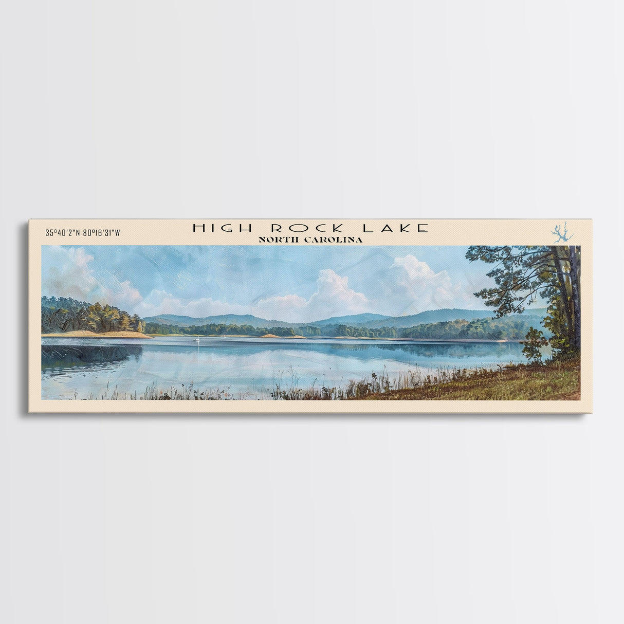 High Rock Lake North Carolina Framed Canvas Print, Panoramic Lake House Decor, Wall Art, Travel Poster, Peaceful Lake Painting, Nature Art