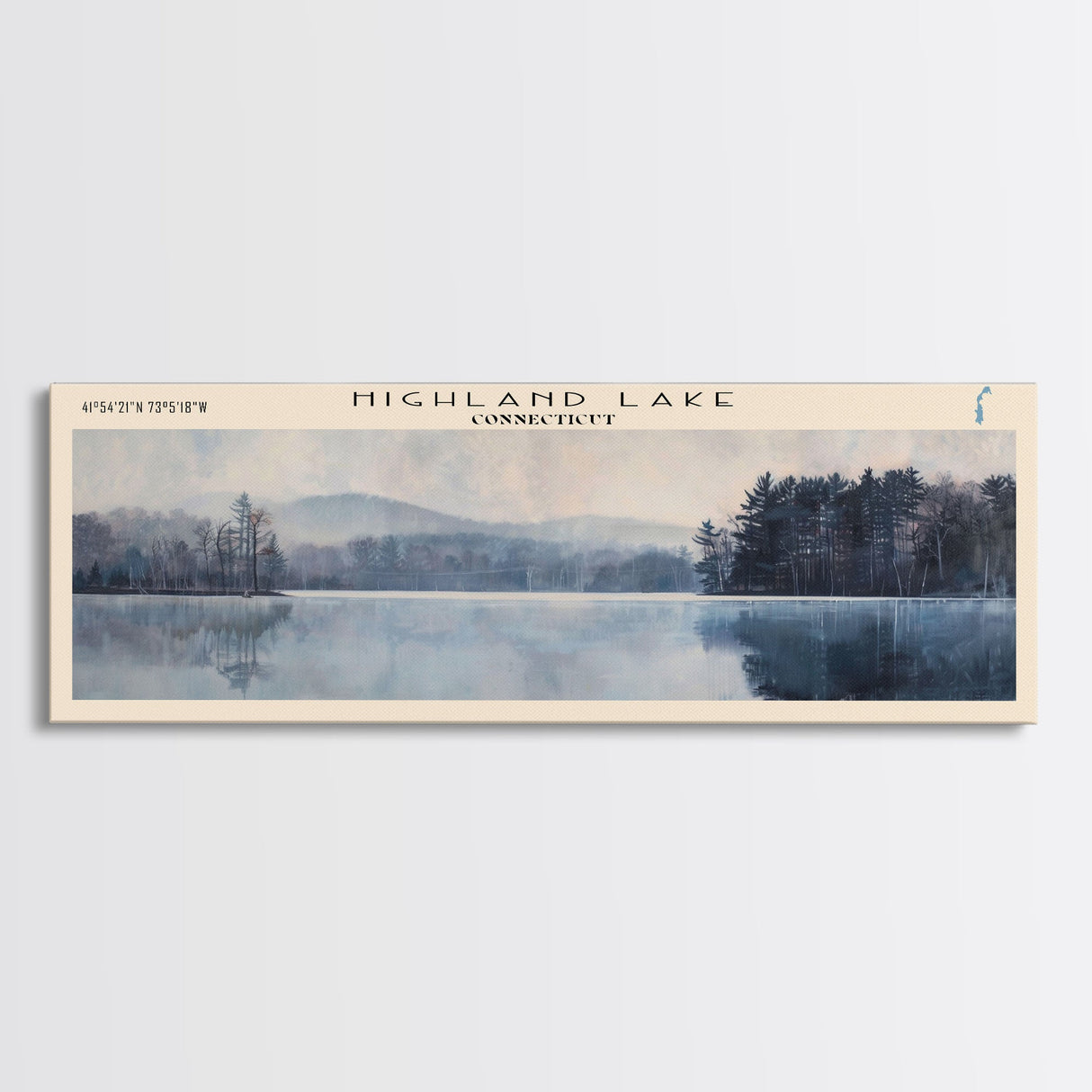 Highland Lake Connecticut Framed Canvas Print, Lake House Art, Panoramic Wall Art, Travel Poster, Scenic Lake Painting, Home Decor