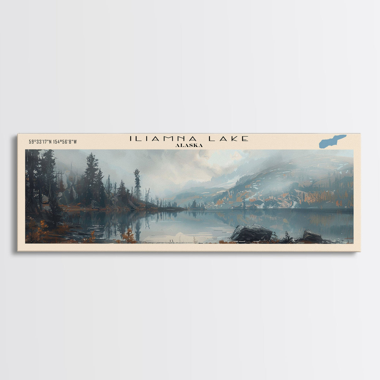 Iliamna Lake Framed Canvas Print, Panoramic Lake House Decor, Wall Art, Travel Poster, Serene Lake Painting, Nature Art