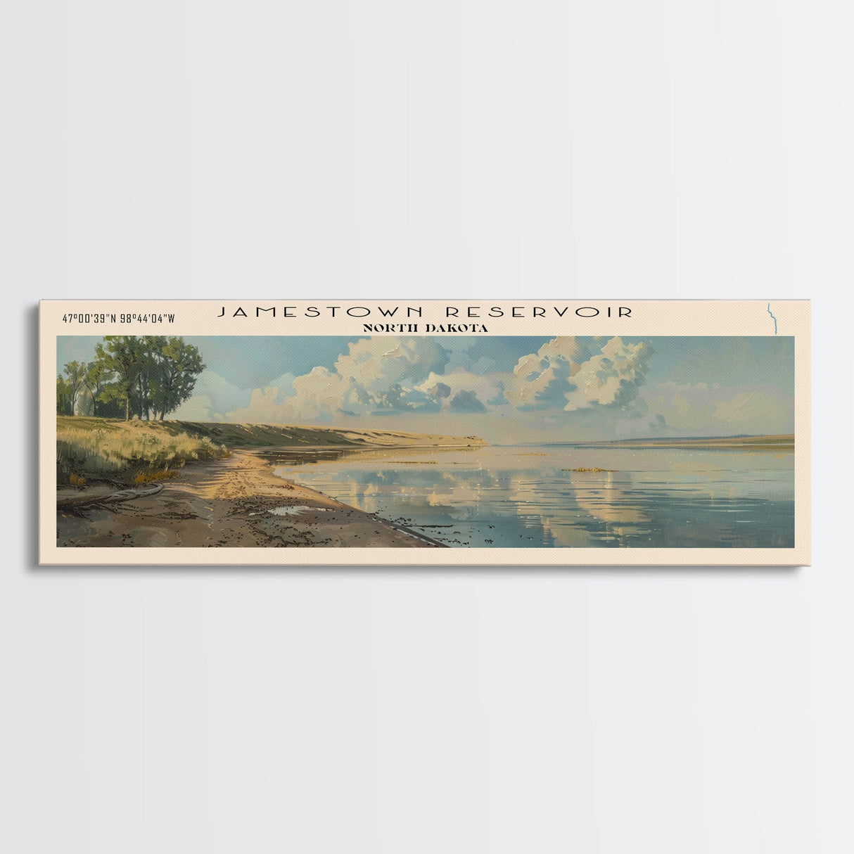 Jamestown Reservoir North Dakota Framed Canvas Print, Lake House Art, Panoramic Wall Art, Travel Poster, Serene Lake Painting, Home Decor