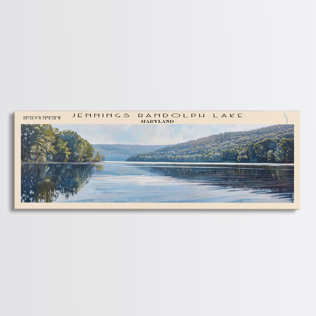 Jennings Randolph Lake Maryland Framed Canvas Print, Panoramic Lake House Decor, Wall Art, Travel Poster, Beautiful Lake Painting, Nature Art