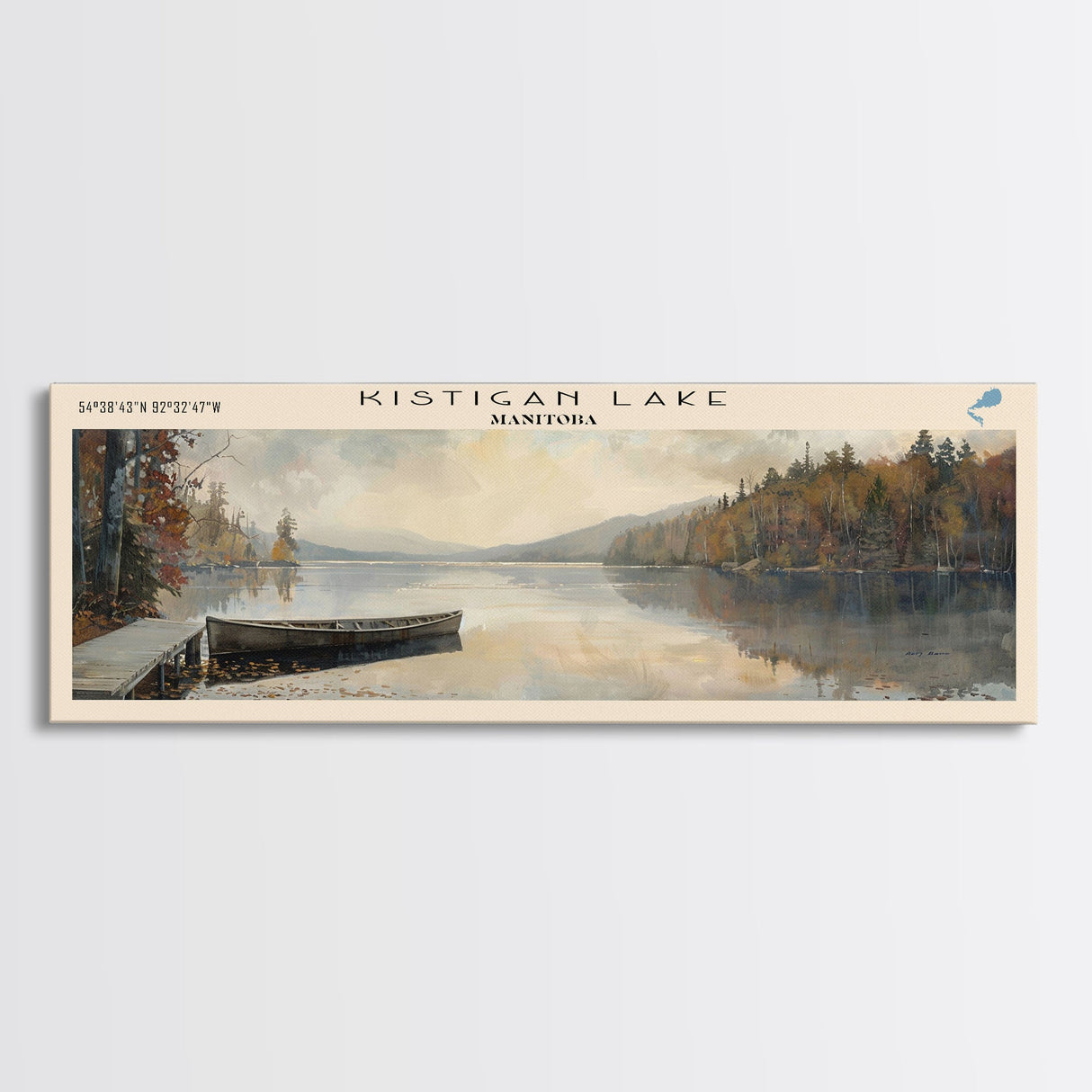 Kistigan Lake Framed Canvas Print, Lake House Decor, Panoramic Wall Art, Travel Poster, Beautiful Lake Painting, Nature Art