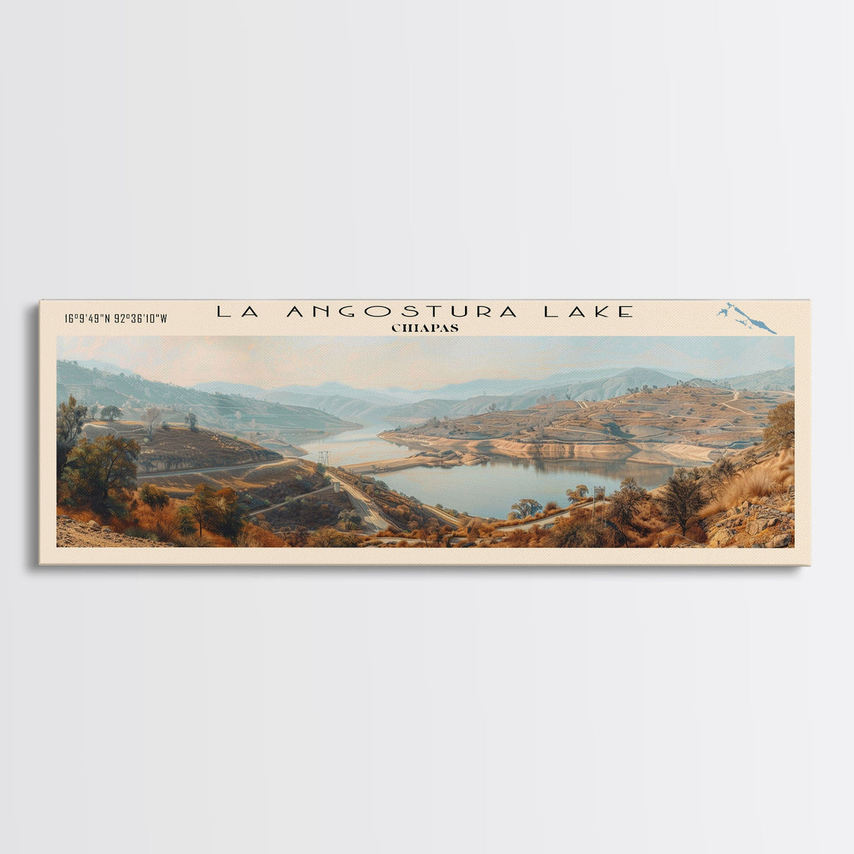 La Angustura Dam Framed Canvas Print, Lake House Art, Panoramic Wall Art, Travel Poster, Beautiful Lake Painting, Home Decor