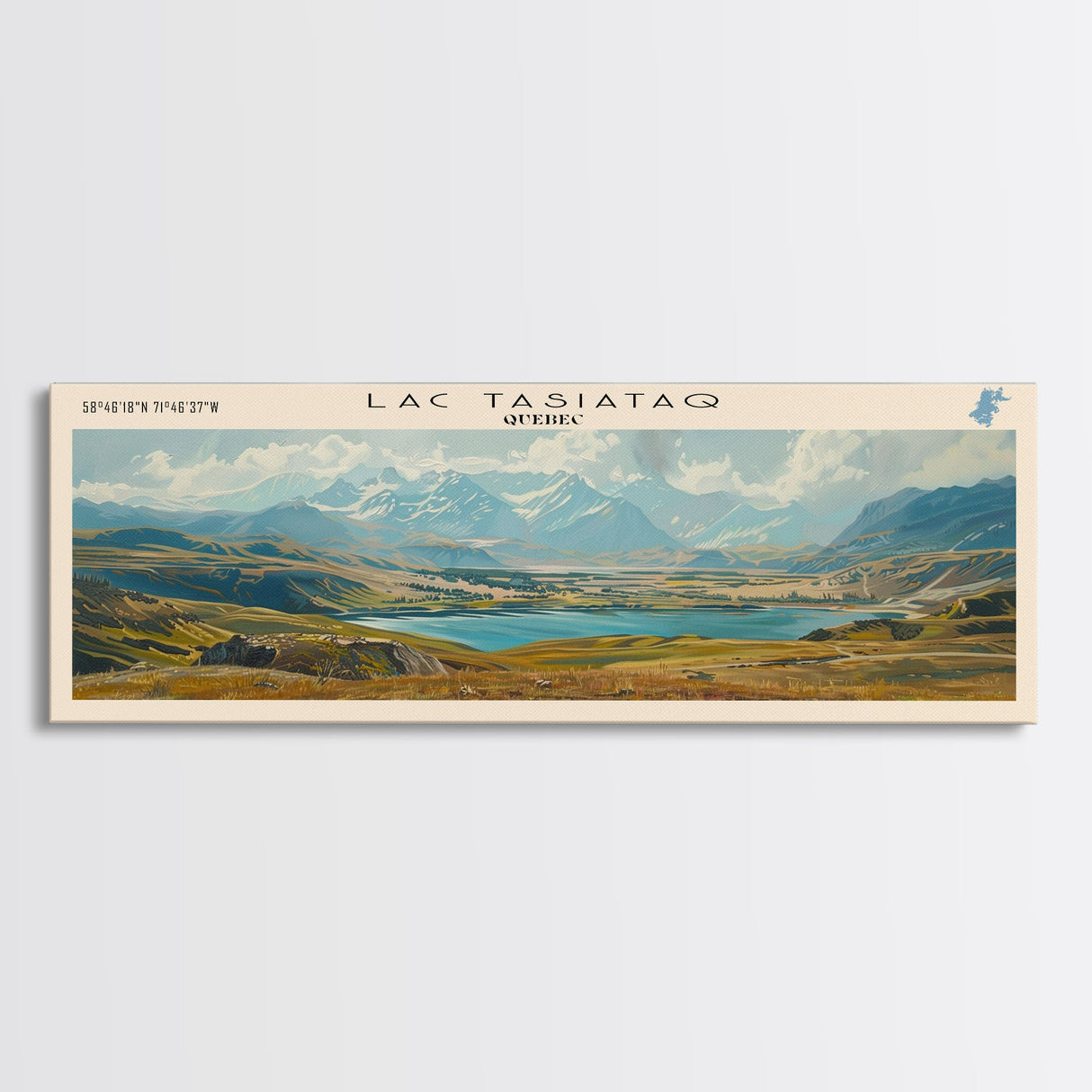 Lac Tasiataq Framed Canvas Print, Panoramic Lake House Decor, Wall Art, Travel Poster, Scenic Lake Painting, Nature Art