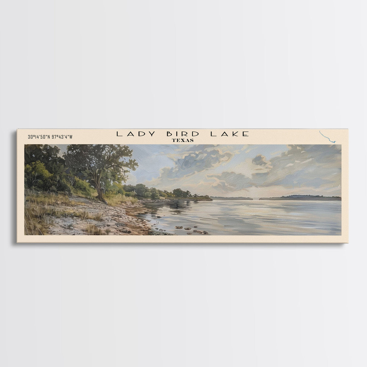 Lady Bird Lake Texas Framed Canvas Print, Lake House Decor, Panoramic Wall Art, Travel Poster, Beautiful Lake Painting, Nature Art