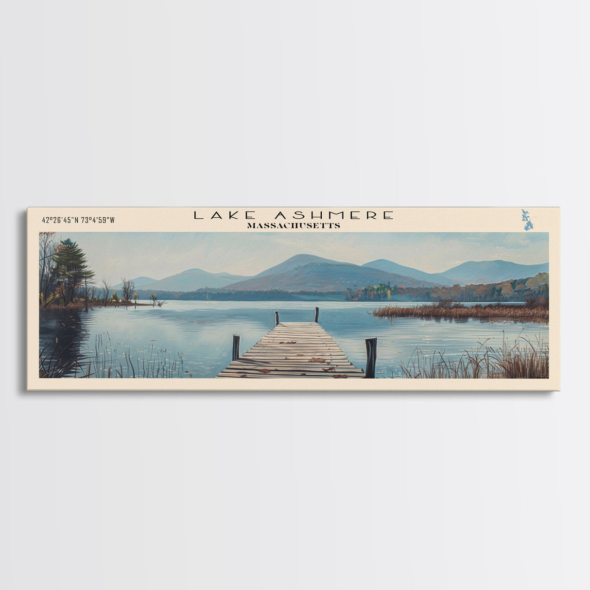 Lake Ashmere Massachusetts Framed Canvas Print, Panoramic Lake House Decor, Wall Art, Travel Poster, Captivating Lake Painting, Nature Art