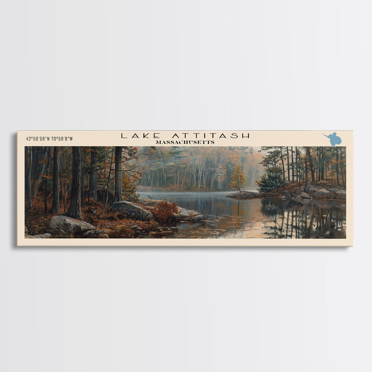 Lake Attitash Massachusetts Framed Canvas Print, Lake House Art, Panoramic Wall Art, Travel Poster, Scenic Lake Painting, Nature Art