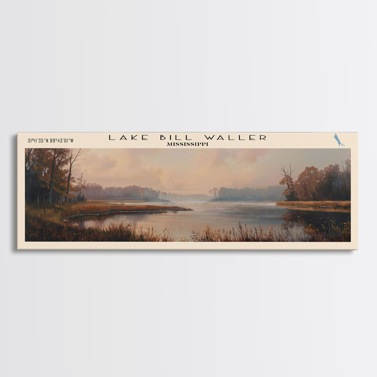 Lake Bill Waller Mississippi Framed Canvas Print, Lake House Decor, Panoramic Wall Art, Travel Poster, Captivating Lake Painting, Nature Art