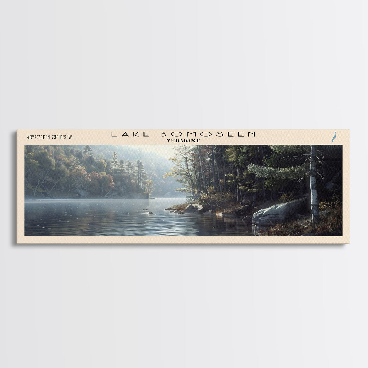 Lake Bomoseen Vermont Framed Canvas Print, Lake House Art, Panoramic Wall Art, Travel Poster, Serene Lake Painting, Home Decor