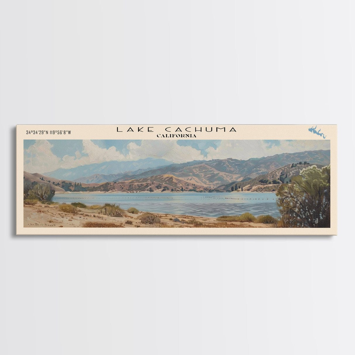 Lake Cachuma California Framed Canvas Print, Panoramic Lake House Decor, Wall Art, Travel Poster, Captivating Lake Painting, Nature Art