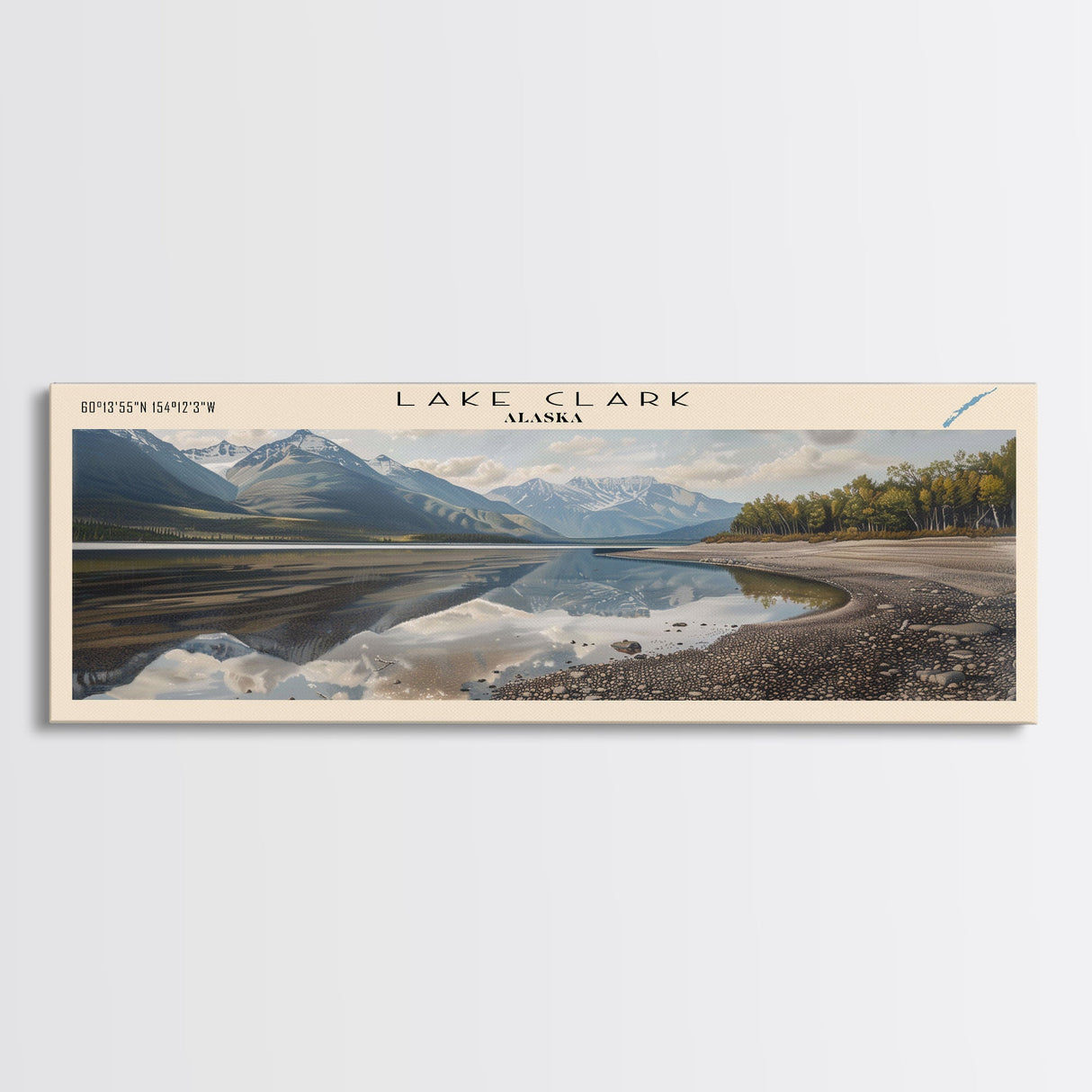 Lake Clark Framed Canvas Print, Lake House Decor, Panoramic Wall Art, Travel Poster, Scenic Lake Painting, Nature Art