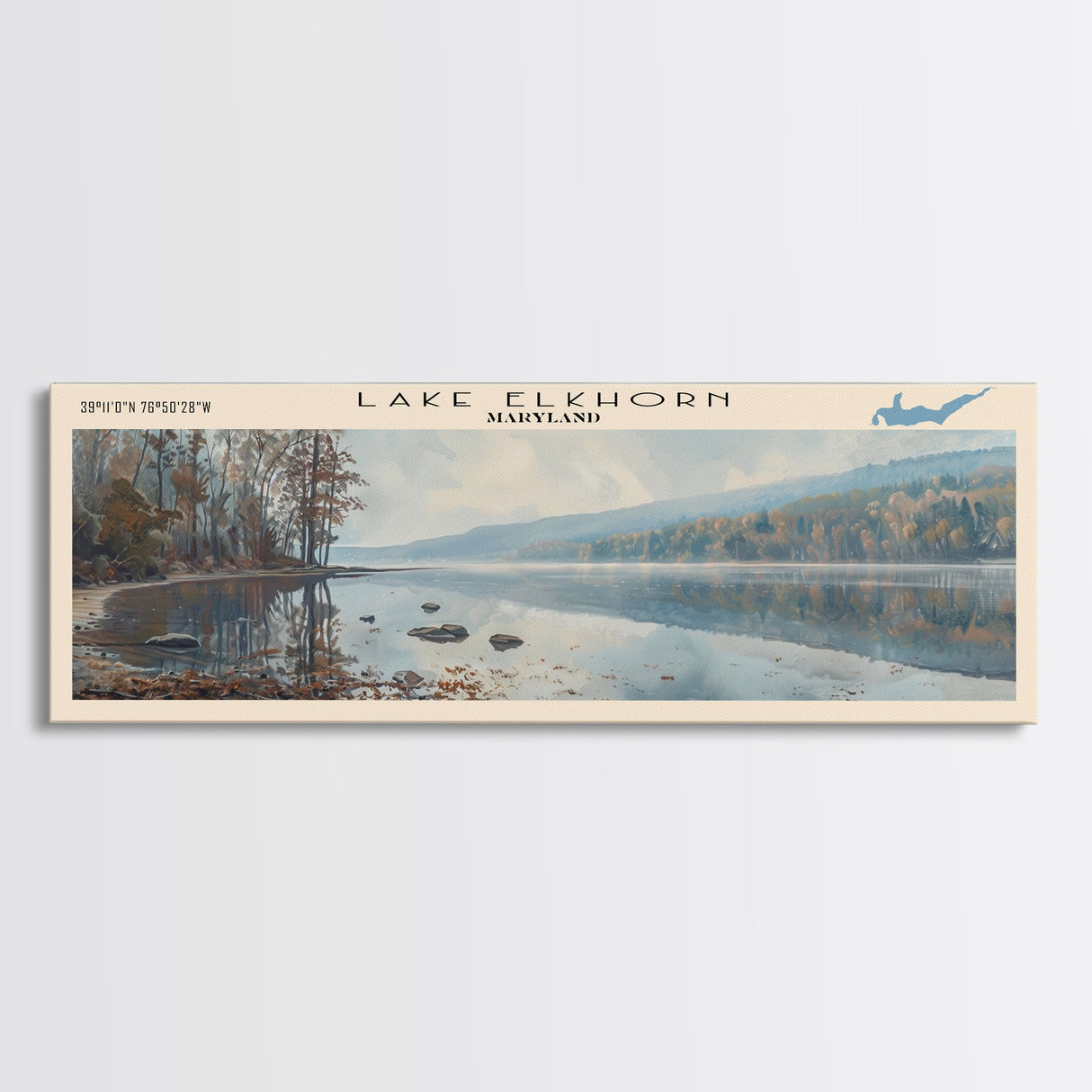 Lake Elkhorn Maryland Framed Canvas Print, Lake House Decor, Panoramic Wall Art, Travel Poster, Serene Lake Painting, Nature Art