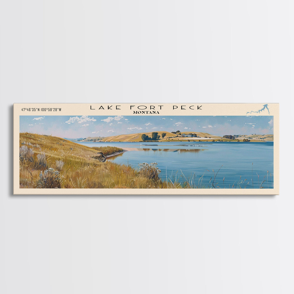 Lake Fort Peck Framed Canvas Print, Lake House Decor, Panoramic Wall Art, Travel Poster, Scenic Lake Painting, Nature Art