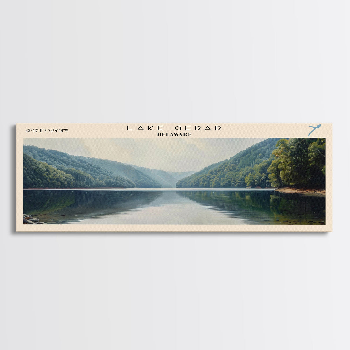 Lake Gerar Delaware Framed Canvas Print, Lake House Decor, Panoramic Wall Art, Travel Poster, Beautiful Lake Painting, Home Art