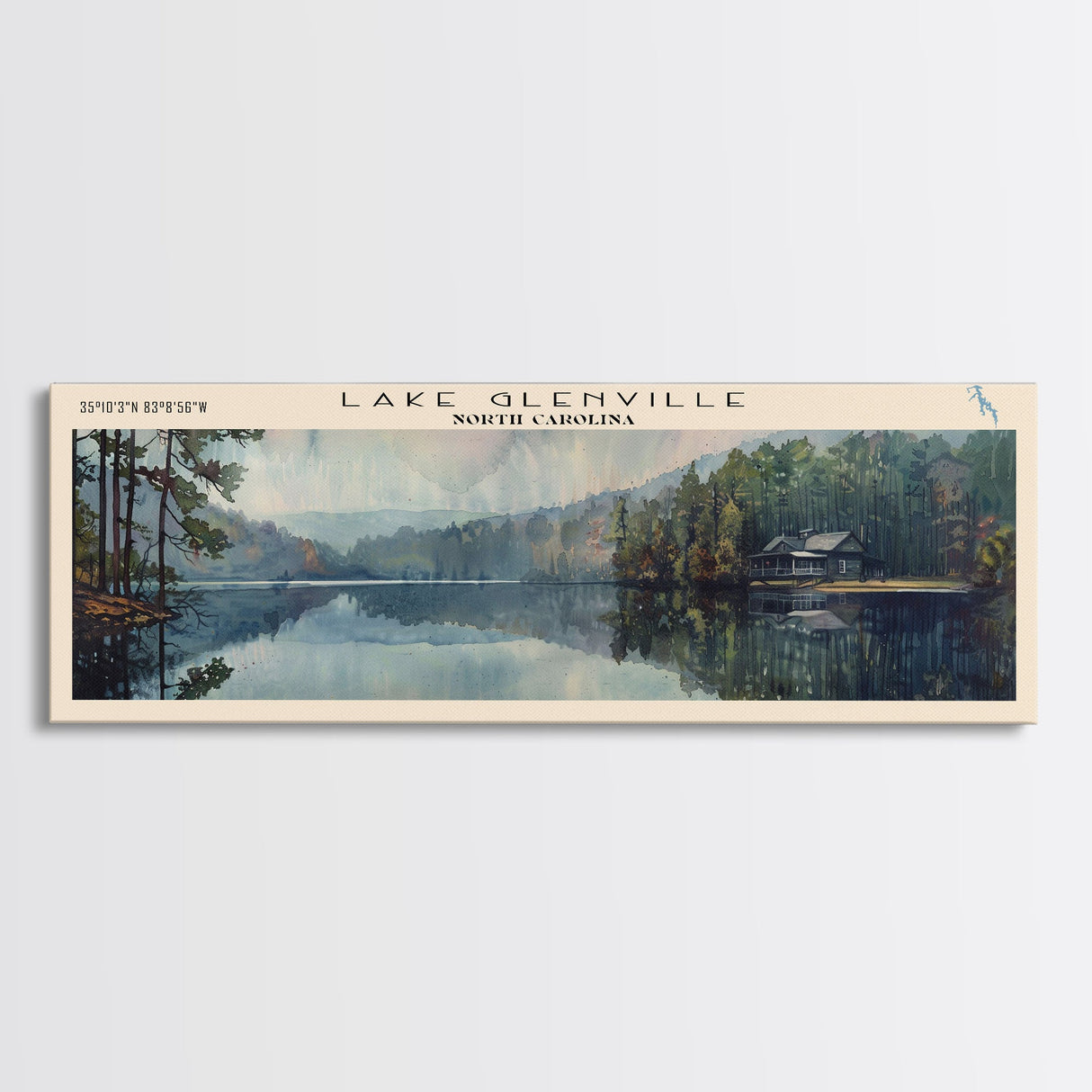 Lake Glenville North Carolina Framed Canvas Print, Lake House Decor, Panoramic Wall Art, Travel Poster, Scenic Lake Painting, Nature Art