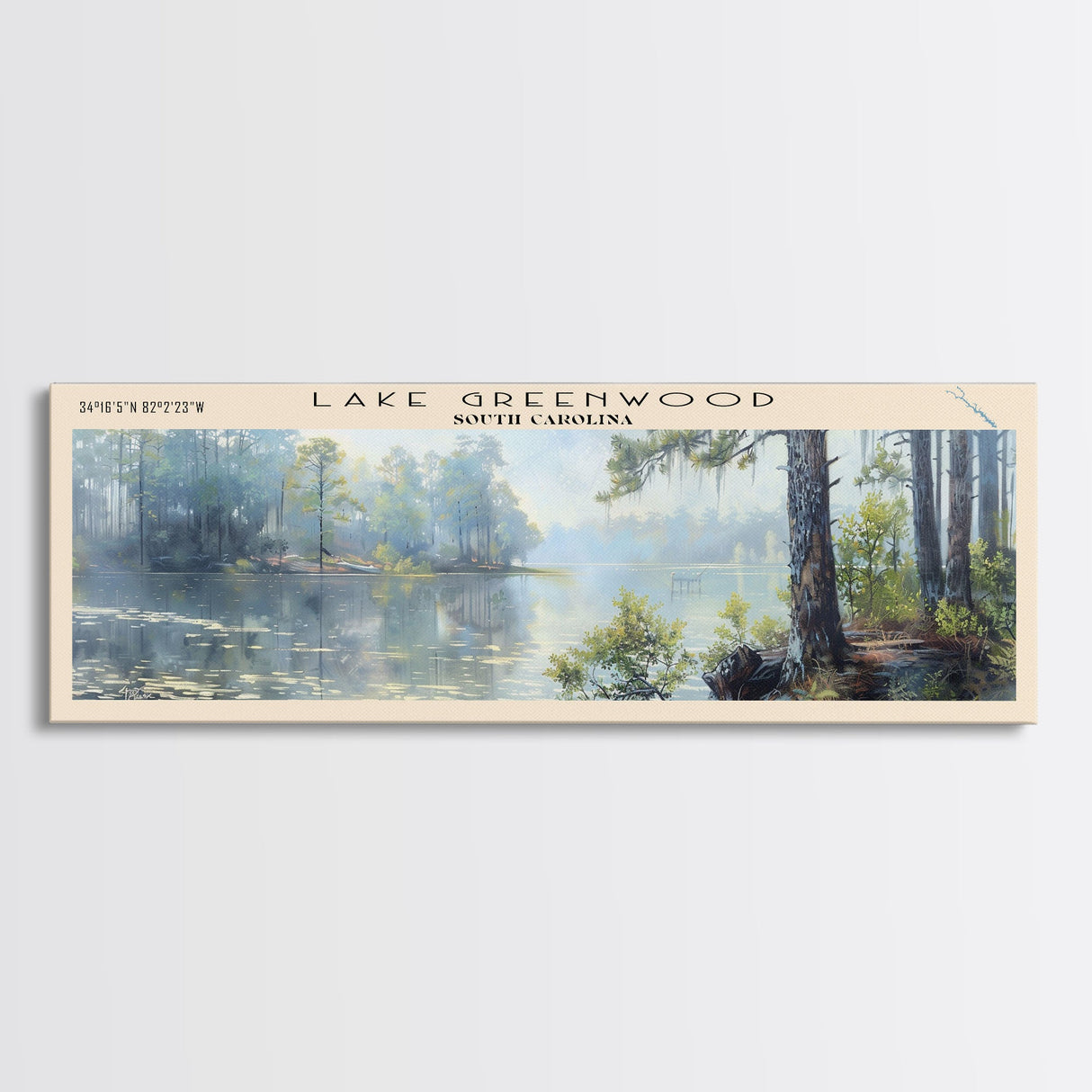 Lake Greenwood South Carolina Framed Canvas Print, Lake House Decor, Panoramic Wall Art, Travel Poster, Scenic Landscape Painting, Nature Art