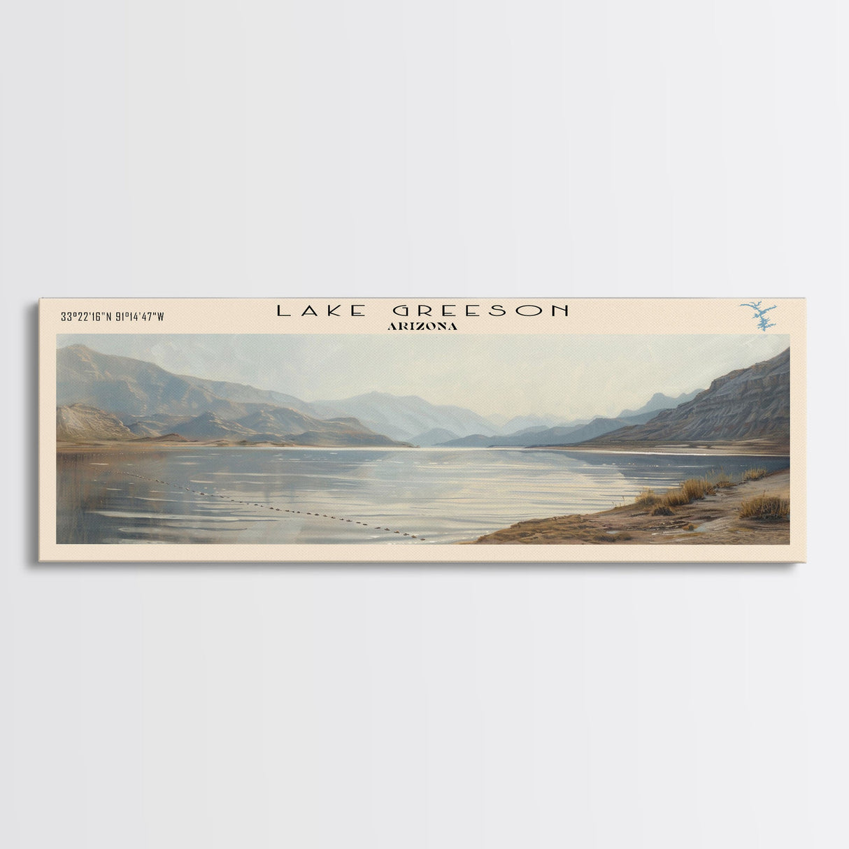 Lake Greeson Arizona Framed Canvas Print, Lake House Decor, Panoramic Wall Art, Travel Poster, Serene Lake Painting, Home Art