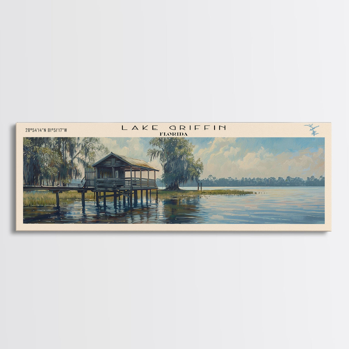 Lake Griffin Florida Framed Canvas Print, Lake House Decor, Panoramic Wall Art, Travel Poster, Beautiful Lake Painting, Nature Art