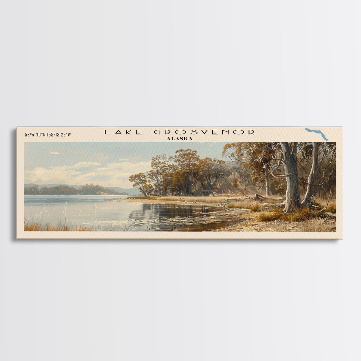 Lake Grosvenor Framed Canvas Print, Lake House Decor, Panoramic Wall Art, Travel Poster, Stunning Landscape Painting, Home Art