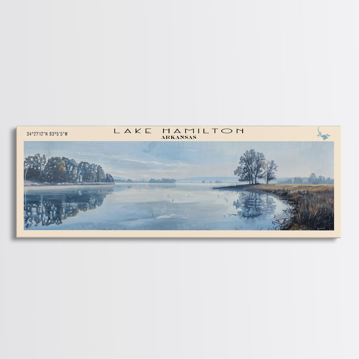 Lake Hamilton Arkansas Framed Canvas Print, Lake House Decor, Panoramic Wall Art, Travel Poster, Beautiful Lake Painting, Home Art