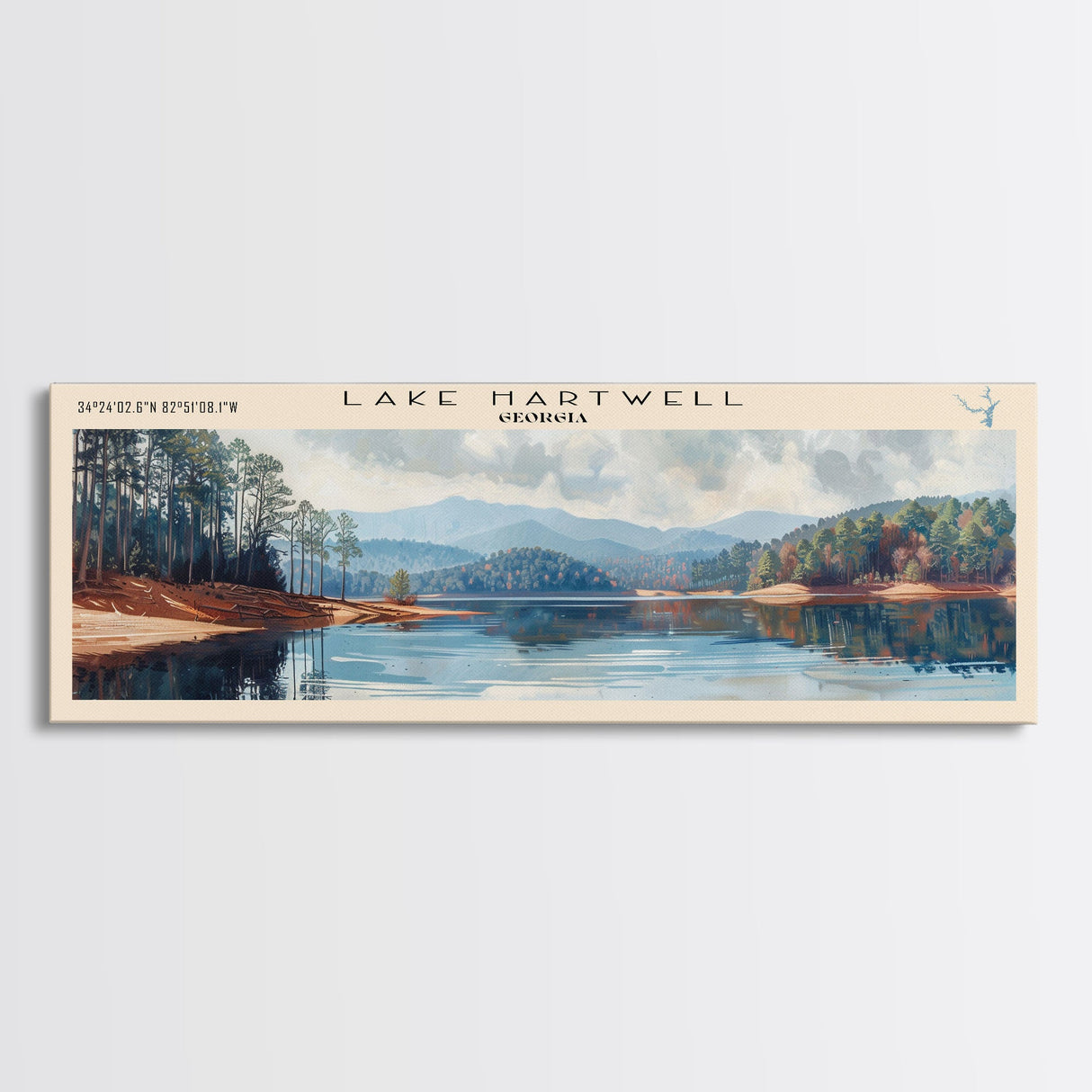 Lake Hartwell Georgia Framed Canvas Print, Lake House Decor, Panoramic Wall Art, Travel Poster, Serene Lake Painting, Nature Art