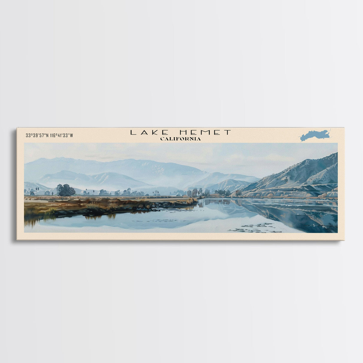 Lake Hemet California Framed Canvas Print, Lake House Decor, Panoramic Wall Art, Travel Poster, Serene Lake Painting, Nature Art