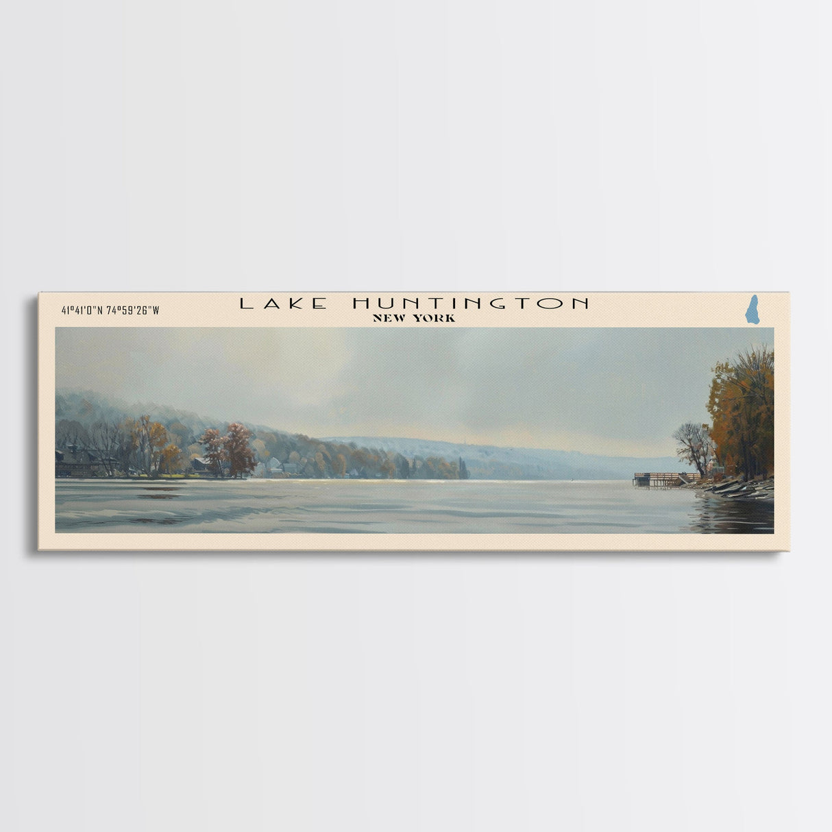 Lake Huntington New York Framed Canvas Print, Lake House Decor, Panoramic Wall Art, Travel Poster, Scenic Landscape Painting, Nature Art