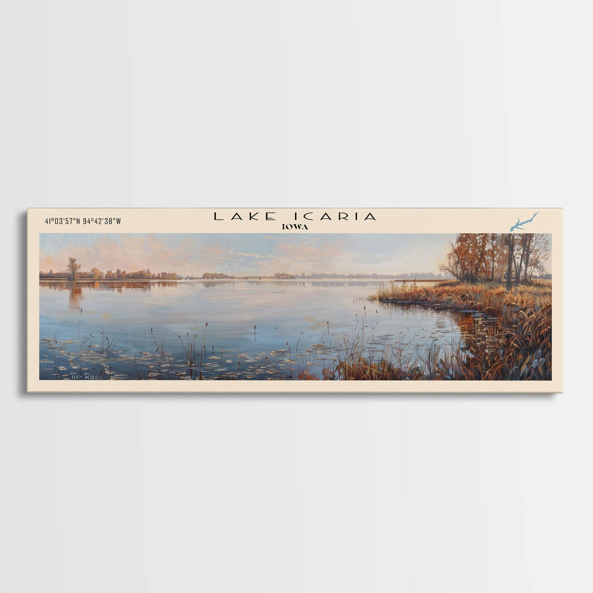 Lake Icaria Iowa Framed Canvas Print, Lake House Decor, Panoramic Wall Art, Travel Poster, Beautiful Lake Painting, Nature Art