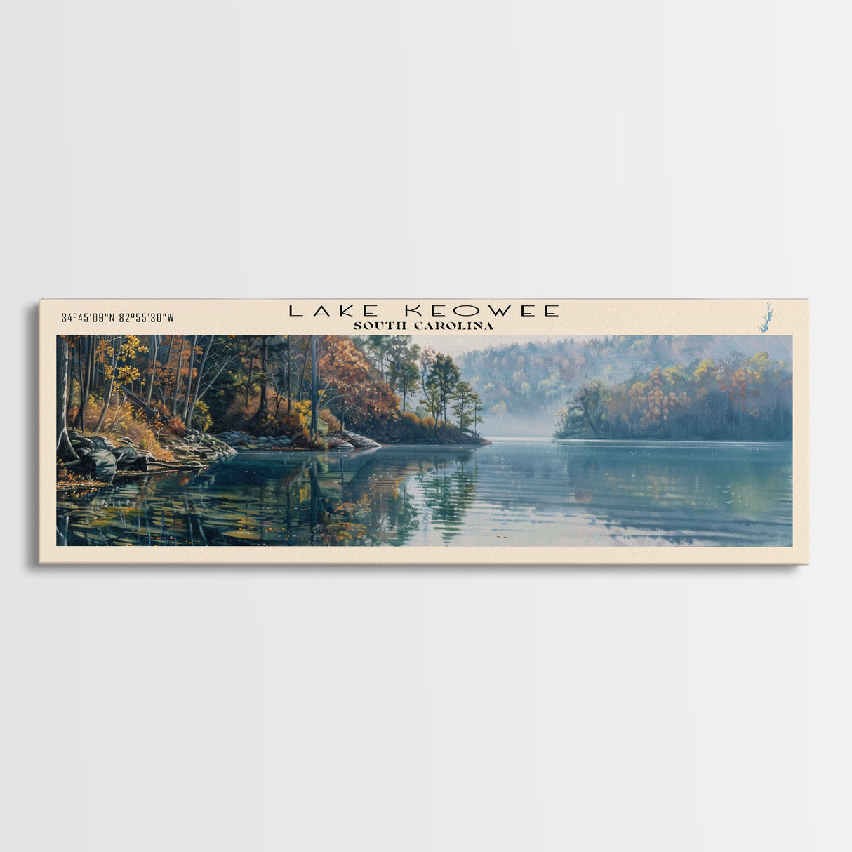 Lake Keowee South Carolina Framed Canvas Print, Lake House Decor, Panoramic Wall Art, Travel Poster, Beautiful Lake Painting, Home Art