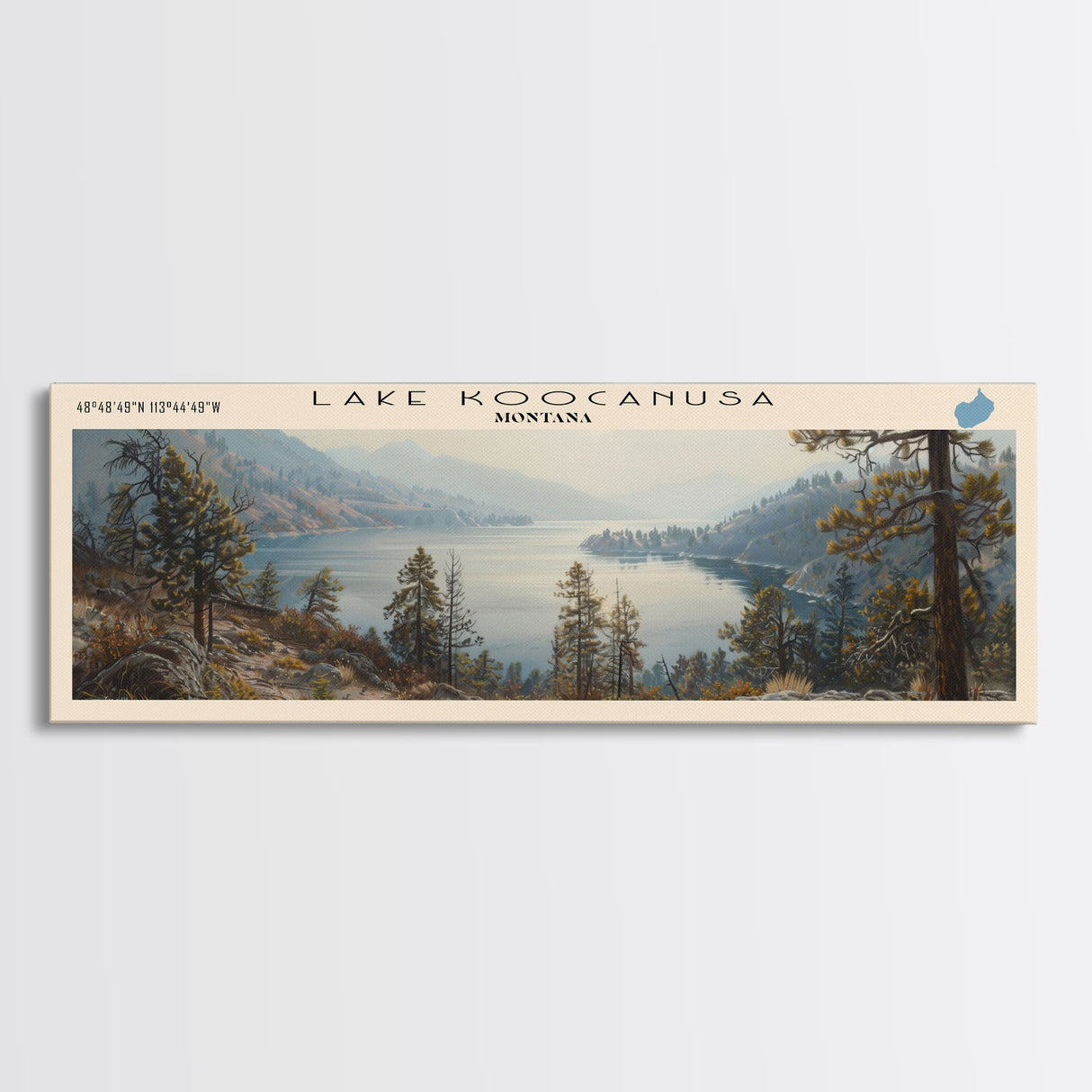 Lake Koocanusa Montana Framed Canvas Print, Lake House Decor, Panoramic Wall Art, Travel Poster, Serene Lake Painting, Nature Art