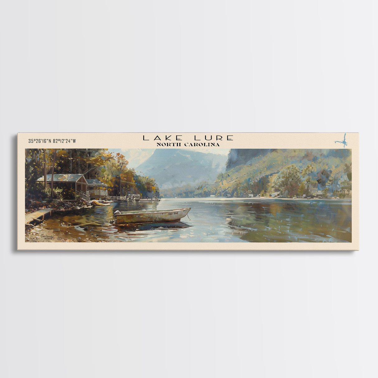 Lake Lure North Carolina Framed Canvas Print, Lake House Decor, Panoramic Wall Art, Travel Poster, Peaceful Lakeside Painting, Boho Art