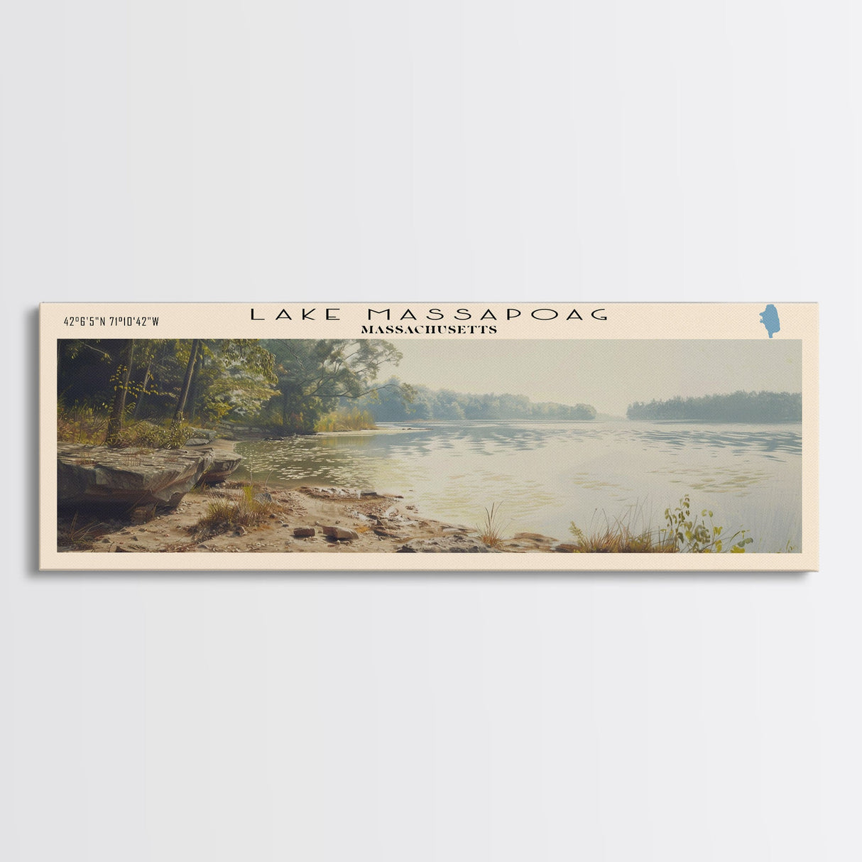 Lake Massapoag Massachusetts Framed Canvas Print, Lake House Decor, Panoramic Wall Art, Travel Poster, Serene Waterscape Painting, Boho Art