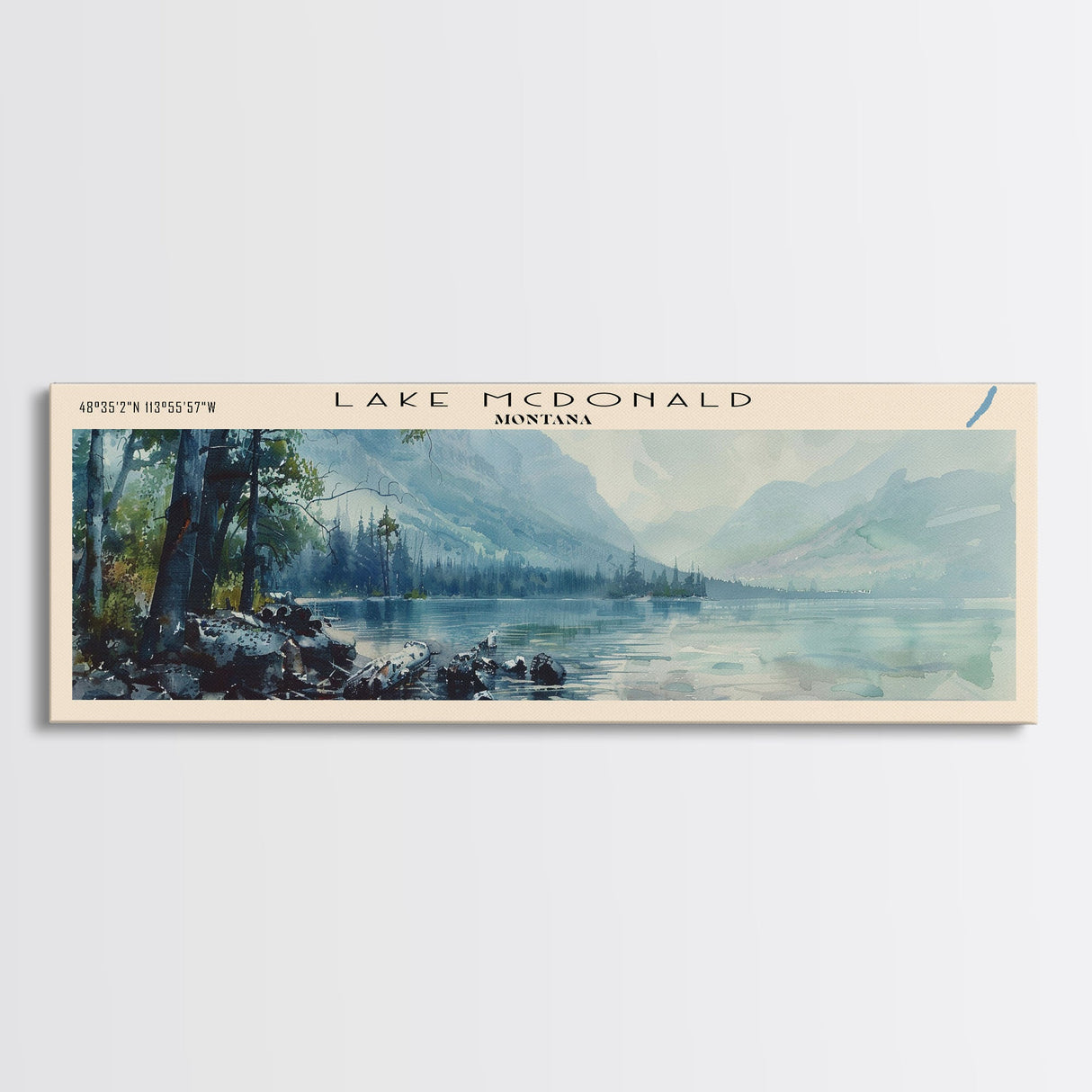 Lake McDonald Montana Framed Canvas Print, Lake House Decor, Panoramic Wall Art, Travel Poster, Scenic Landscape Painting, Bedroom Decor