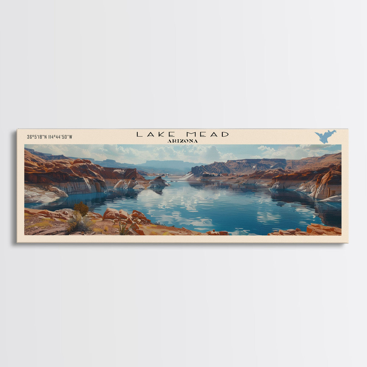 Lake Mead Framed Canvas Print, Lake House Decor, Panoramic Wall Art, Travel Poster, Serene Landscape Painting, Living Room Decor