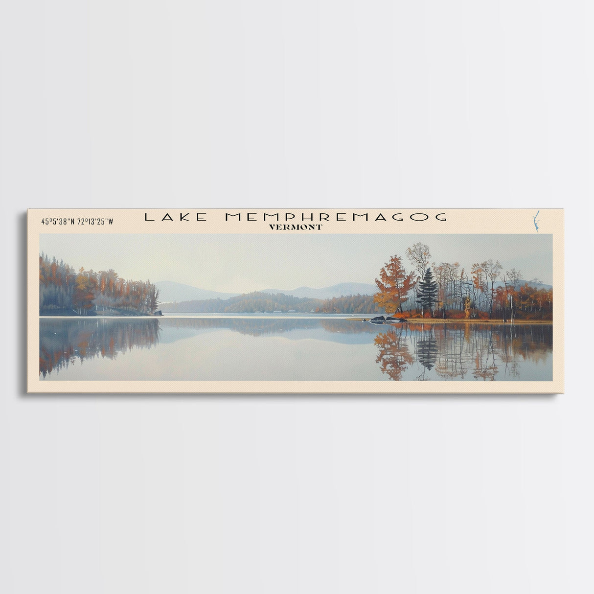 Lake Memphremagog Vermont Framed Canvas Print, Lake House Decor, Panoramic Wall Art, Travel Poster, Beautiful Landscape Painting, Bedroom Decor