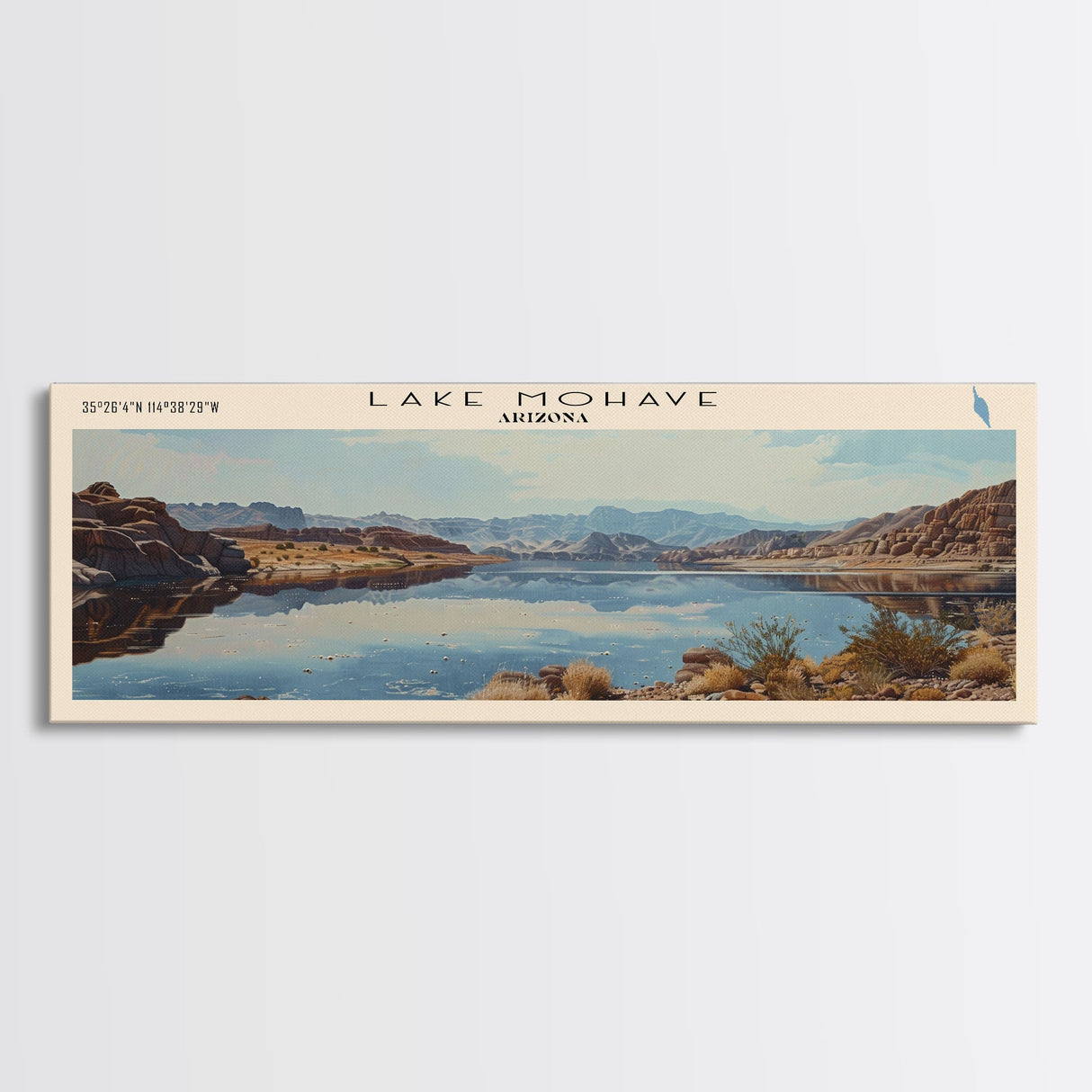 Lake Mohave Arizona Framed Canvas Print, Lake House Decor, Panoramic Wall Art, Travel Poster, Beautiful Landscape Painting, Bedroom Decor