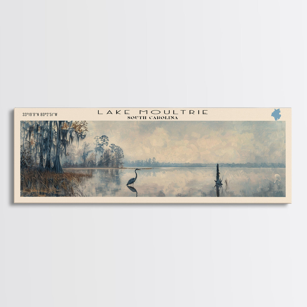 Lake Moultrie South Carolina Framed Canvas Print, Lake House Decor, Panoramic Wall Art, Travel Poster, Serene Landscape Painting, Bedroom Decor