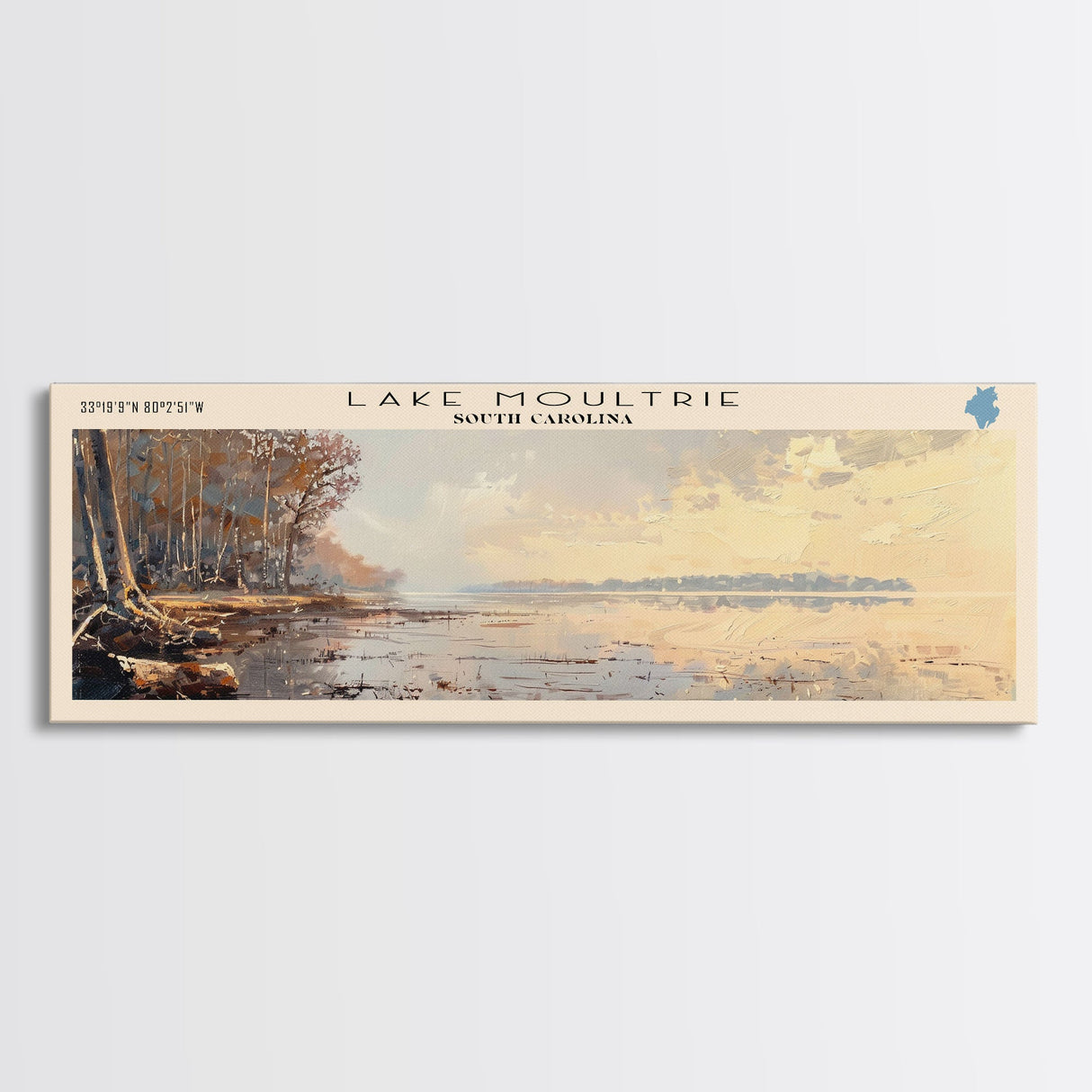 Lake Moultrie Framed Canvas Print, Lake House Decor, Panoramic Wall Art, Travel Poster, Scenic Landscape Painting, Living Room Decor