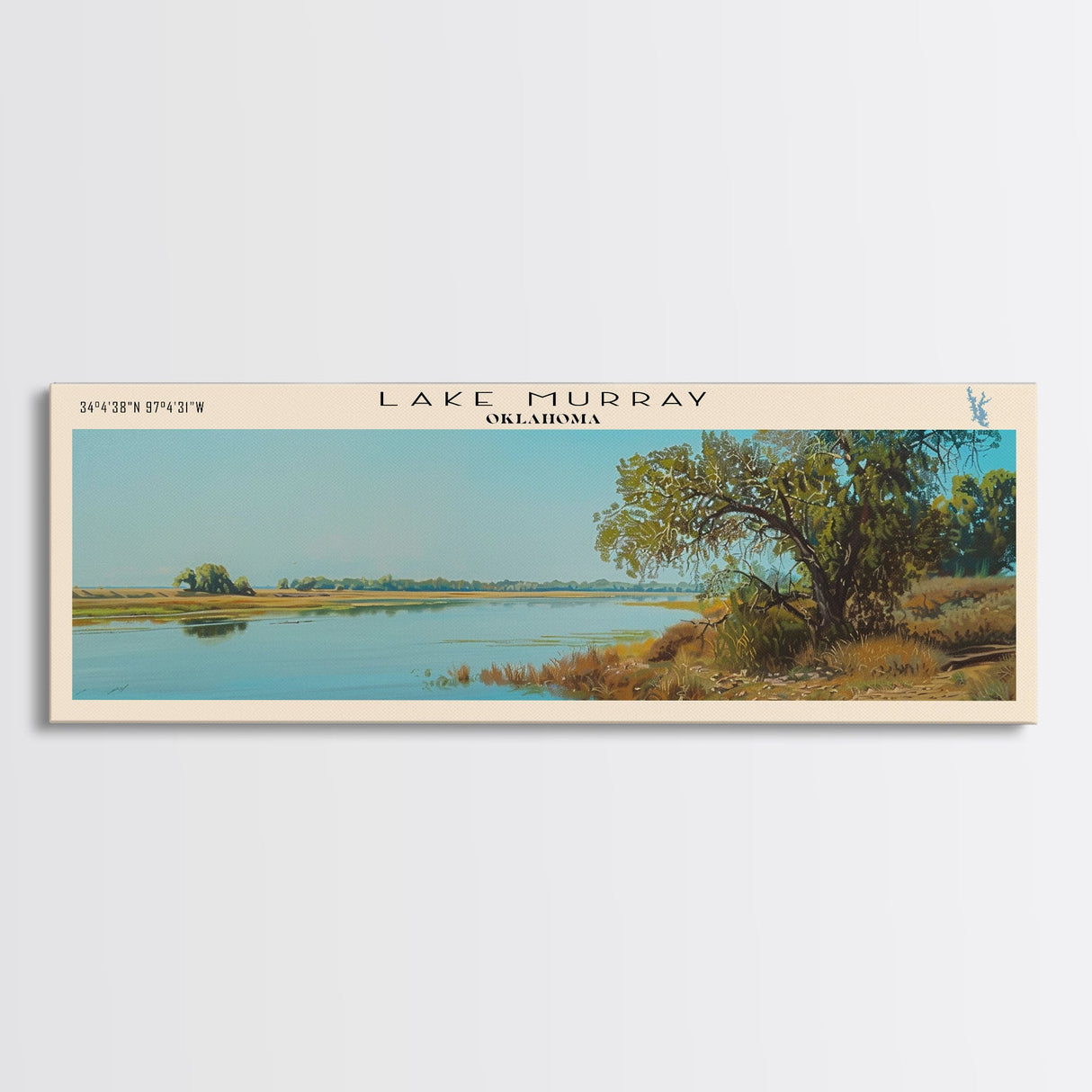 Lake Murray Oklahoma Framed Canvas Print, Lake House Decor, Panoramic Wall Art, Travel Poster, Beautiful Landscape Painting, Bedroom Decor