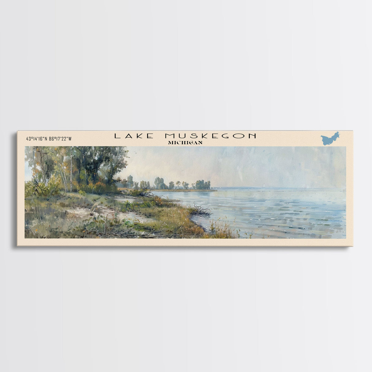 Lake Muskegon Michigan Framed Canvas Print, Lake House Decor, Panoramic Wall Art, Travel Poster, Scenic Landscape Painting, Living Room Decor