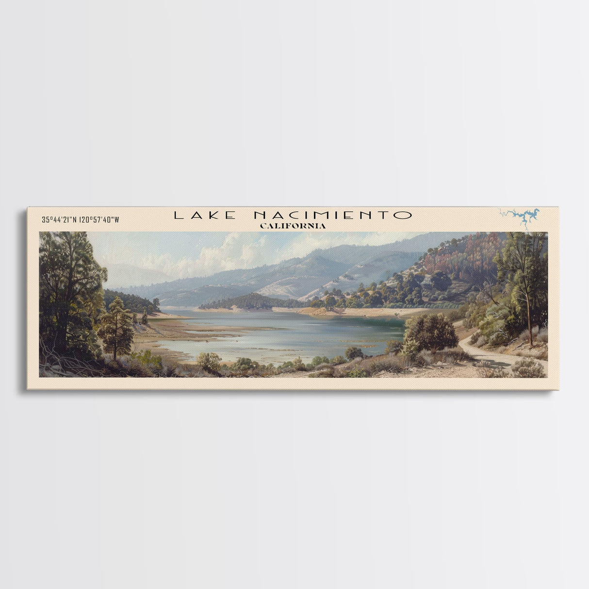 Lake Nacimiento California Framed Canvas Print, Lake House Decor, Panoramic Wall Art, Travel Poster, Beautiful Landscape Painting, Modern Art