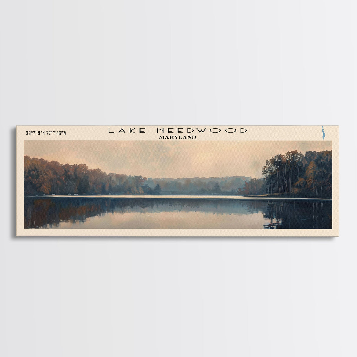 Lake Needwood Maryland Framed Canvas Print, Lake House Decor, Panoramic Wall Art, Travel Poster, Stunning Landscape Painting, Contemporary Art