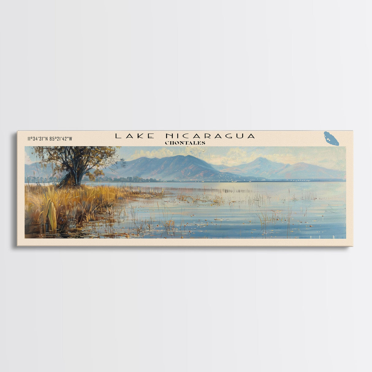 Lake Nicaragua Framed Canvas Print, Lake House Decor, Panoramic Wall Art, Travel Poster, Serene Landscape Painting, Rustic Art