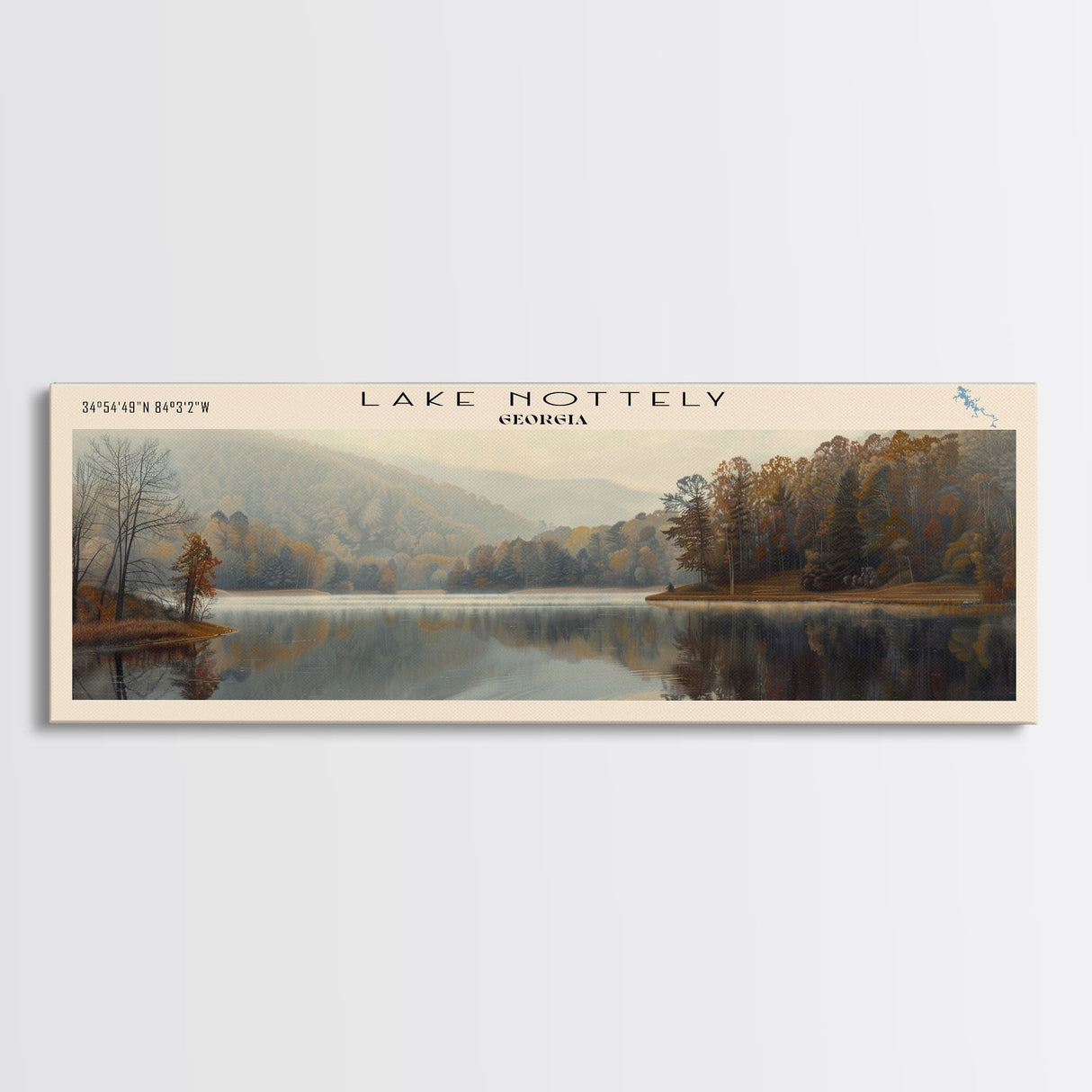 Lake Nottely Georgia Framed Canvas Print, Lake House Decor, Panoramic Wall Art, Travel Poster, Beautiful Landscape Painting, Rustic Art