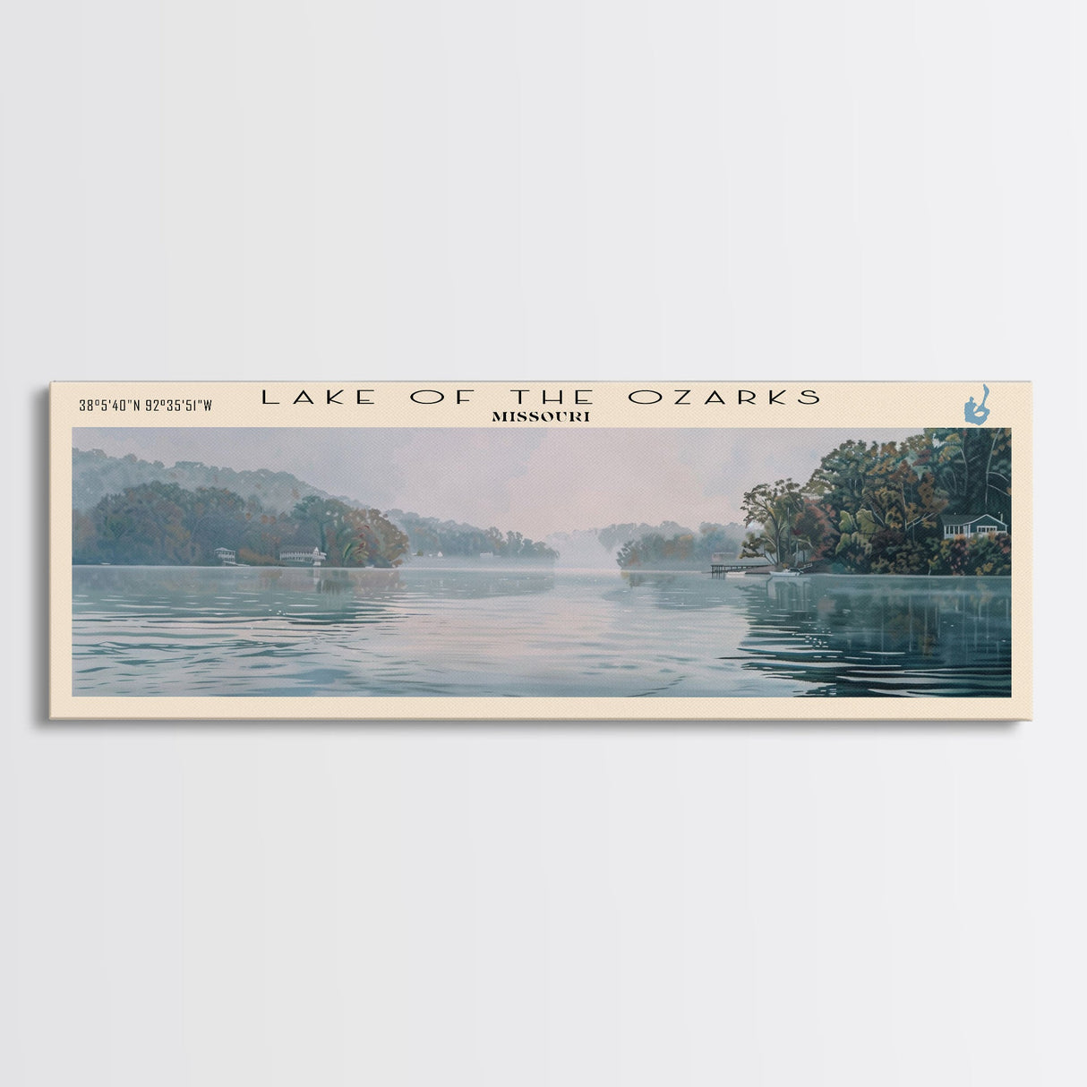 Lake Of The Ozarks Missouri Framed Canvas Print, Lake House Decor, Panoramic Wall Art, Travel Poster, Stunning Landscape Painting, Contemporary Art