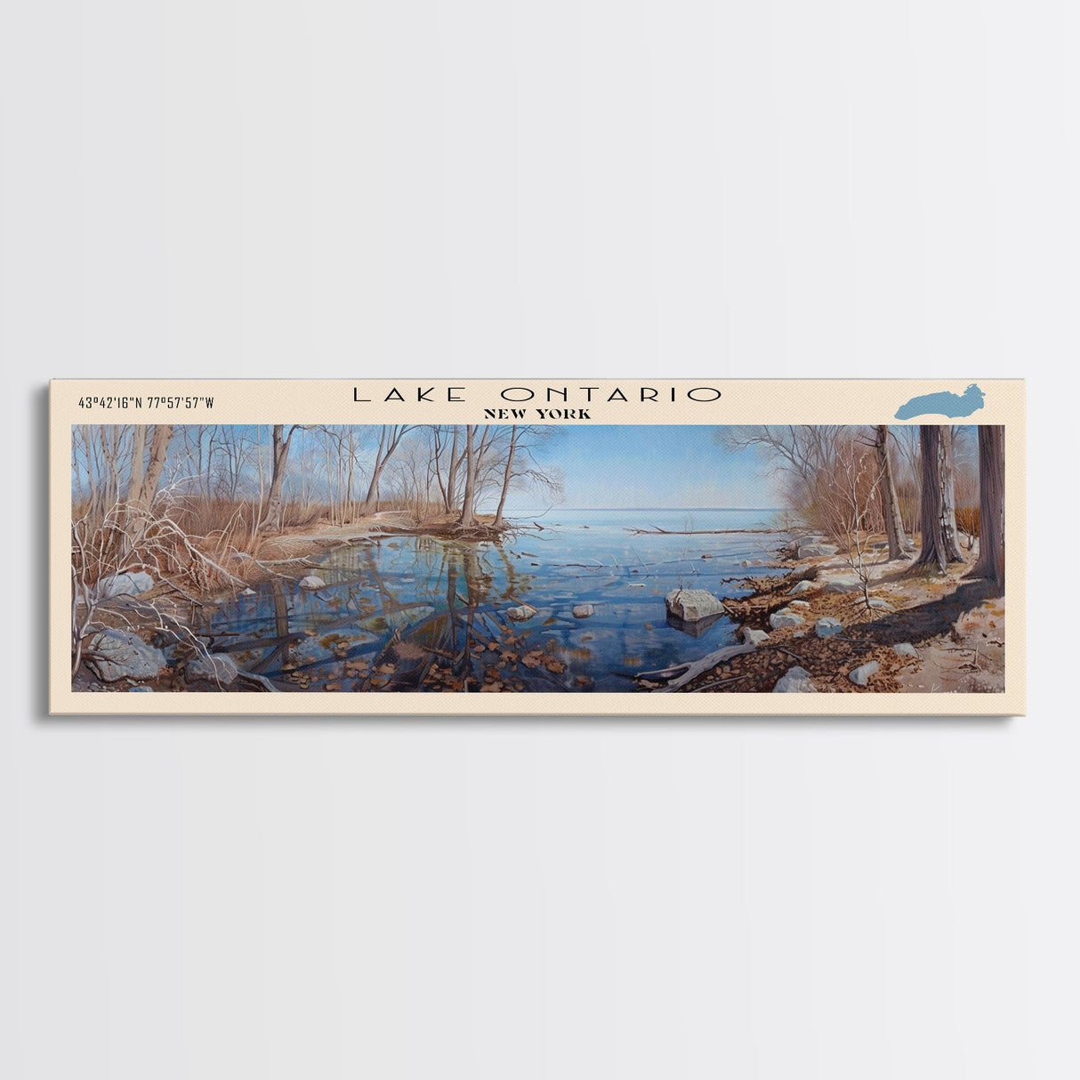 Lake Ontario Framed Canvas Print, Lake House Decor, Panoramic Wall Art, Travel Poster, Serene Landscape Painting, Rustic Art