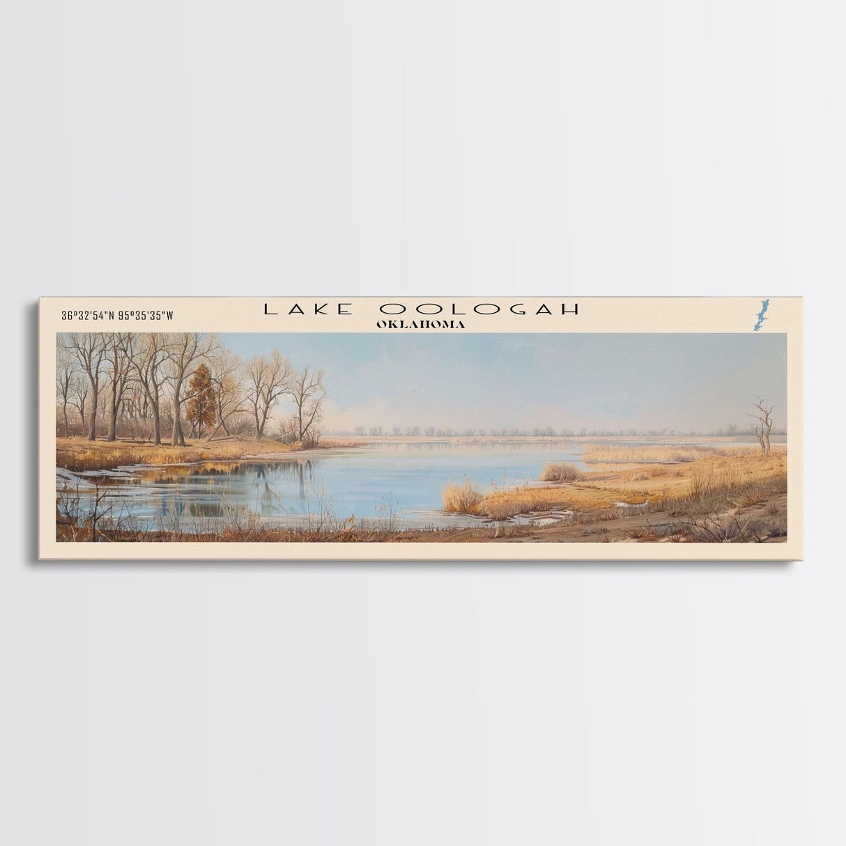 Lake Oologah Oklahoma Framed Canvas Print, Lake House Decor, Panoramic Wall Art, Travel Poster, Serene Landscape Painting, Bedroom Decor