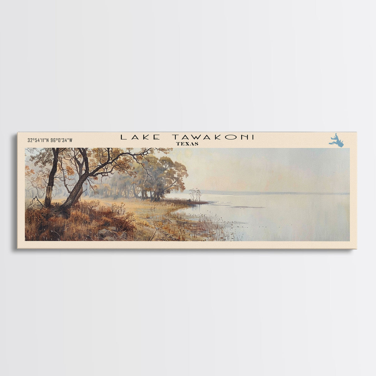 Lake Tawakoni Framed Canvas Print, Lake House Decor, Panoramic Wall Art, Travel Poster, Serene Landscape Painting, Modern Art